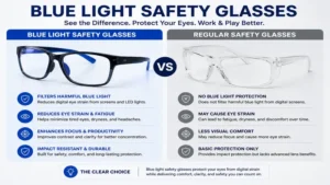 Comparison of blue light safety glasses and regular safety glasses showing blue light filtering benefits.