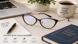 Cat eye blue light glasses placed on a modern workspace beside a laptop, notebook, and coffee mug