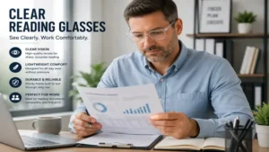 Man wearing clear reading glasses while reviewing documents at an office desk