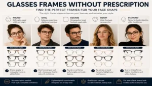Glasses frames without prescription matched with different face shapes and frame styles
