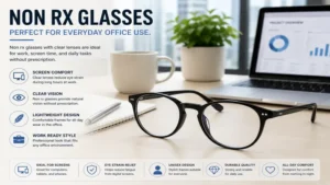Non rx glasses displayed in a modern office setting for everyday screen activities