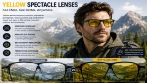 Yellow spectacle lenses enhancing contrast and visual comfort during outdoor activities.