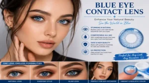 Blue eye contact lens complementing everyday makeup and fashionable looks with a natural blue finish.