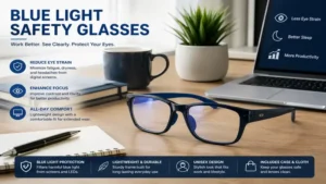 Blue light safety glasses placed on an office desk beside a laptop and work accessories.