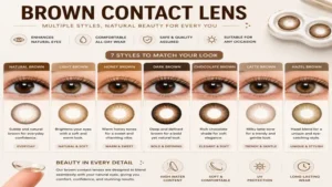 Brown contact lens available in multiple styles and shades for everyday wear and special occasions.