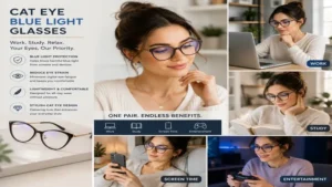 Lifestyle collage showing cat eye blue light glasses for work, study, entertainment, and everyday digital screen use