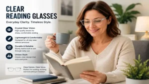 Woman wearing clear reading glasses while reading a book and enjoying a relaxed lifestyle setting
