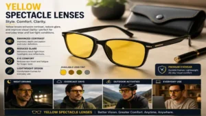 Premium eyewear featuring yellow spectacle lenses for comfortable everyday use and improved visual clarity.
