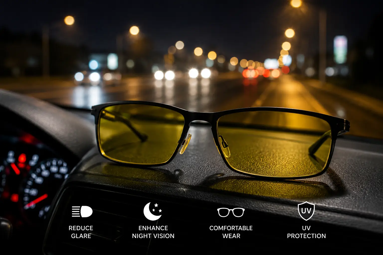 best eyeglasses for night driving with yellow-tinted lenses shown on a car dashboard against blurred nighttime traffic
