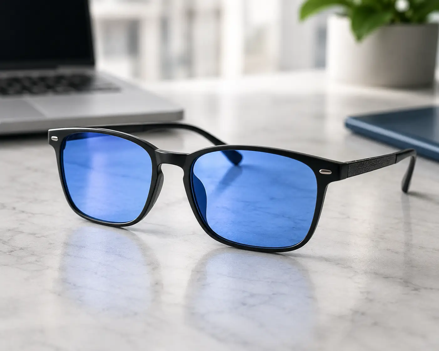Blue lenses in stylish black eyeglasses with vivid blue-tinted glass on a modern desk
