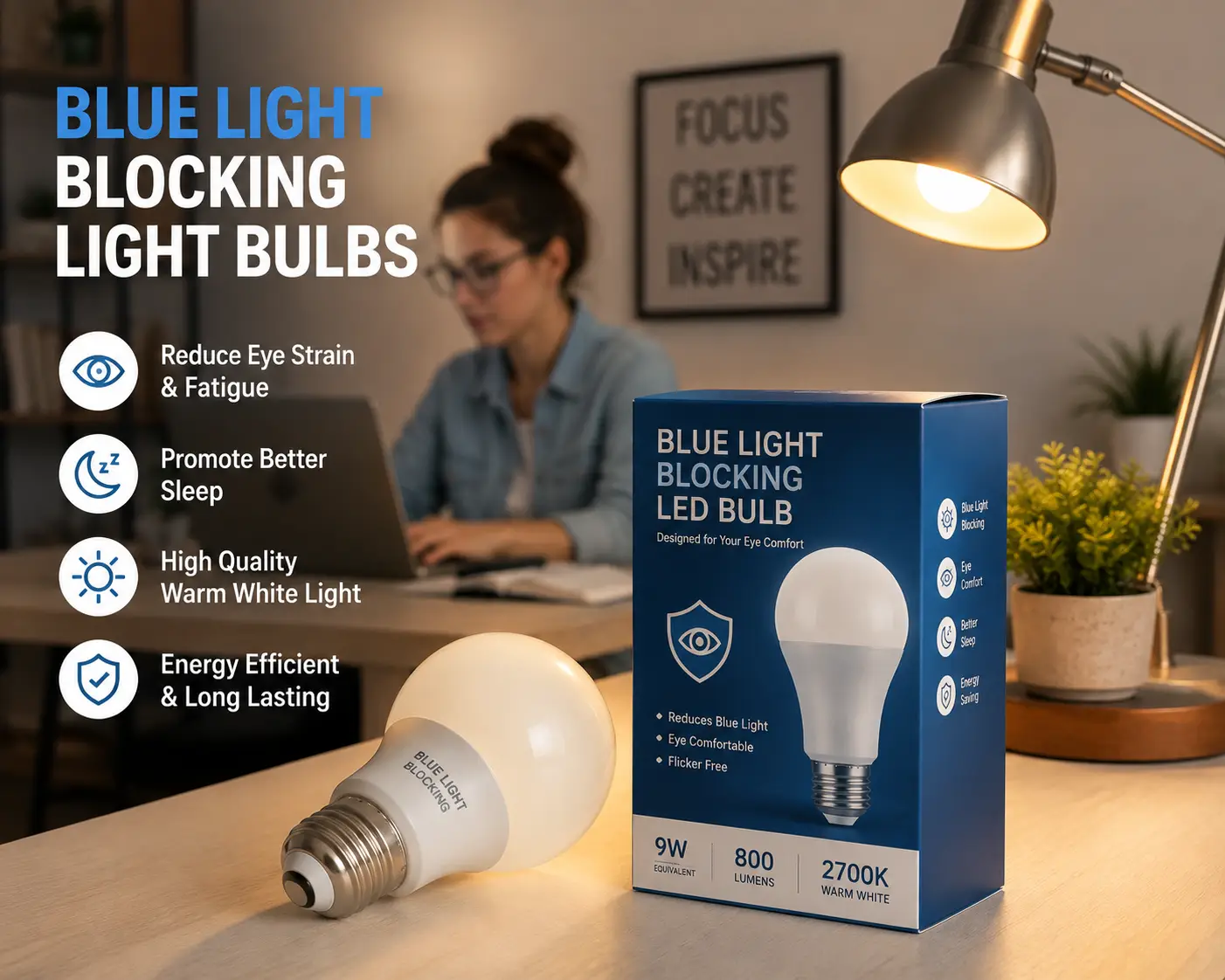 Blue light blocking light bulbs with warm white illumination displayed in a cozy home office