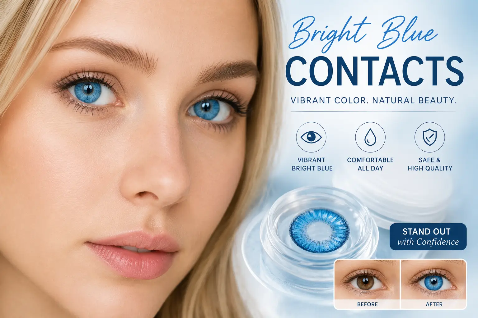 Bright blue contacts creating a vivid blue eye color with a natural-looking contact lens