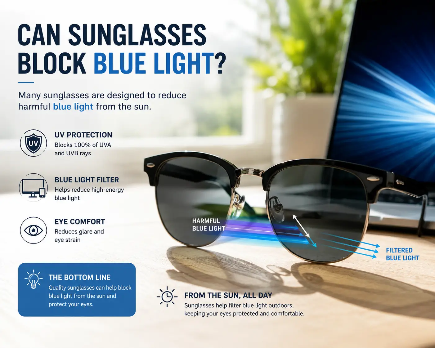 Sunglasses with blue light filtering lenses shown in a bright outdoor setting with UV protection