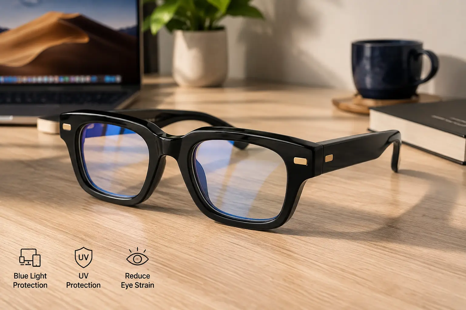 Chunky black blue light glasses with thick frames and lightly tinted lenses on a modern desk.