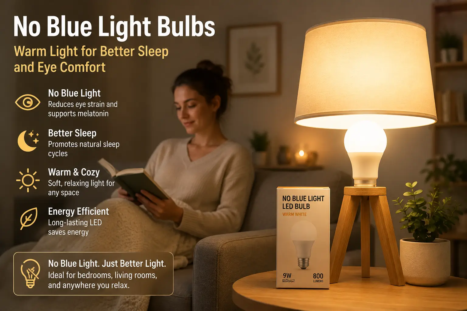 Warm white no blue light bulb creating soft, comfortable illumination in a cozy living room