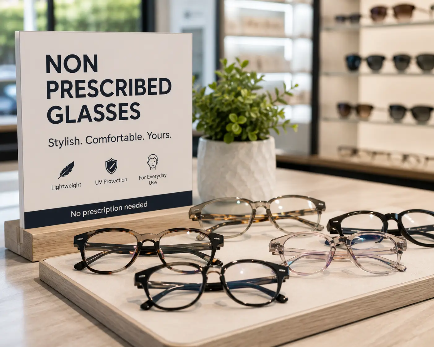 Non prescribed glasses displayed in a modern eyewear shop with lightweight frames for everyday use