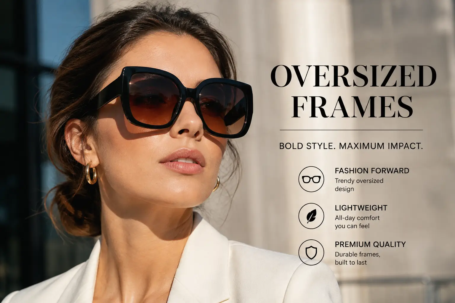 Oversized frames with bold black lenses styled for a modern fashion look