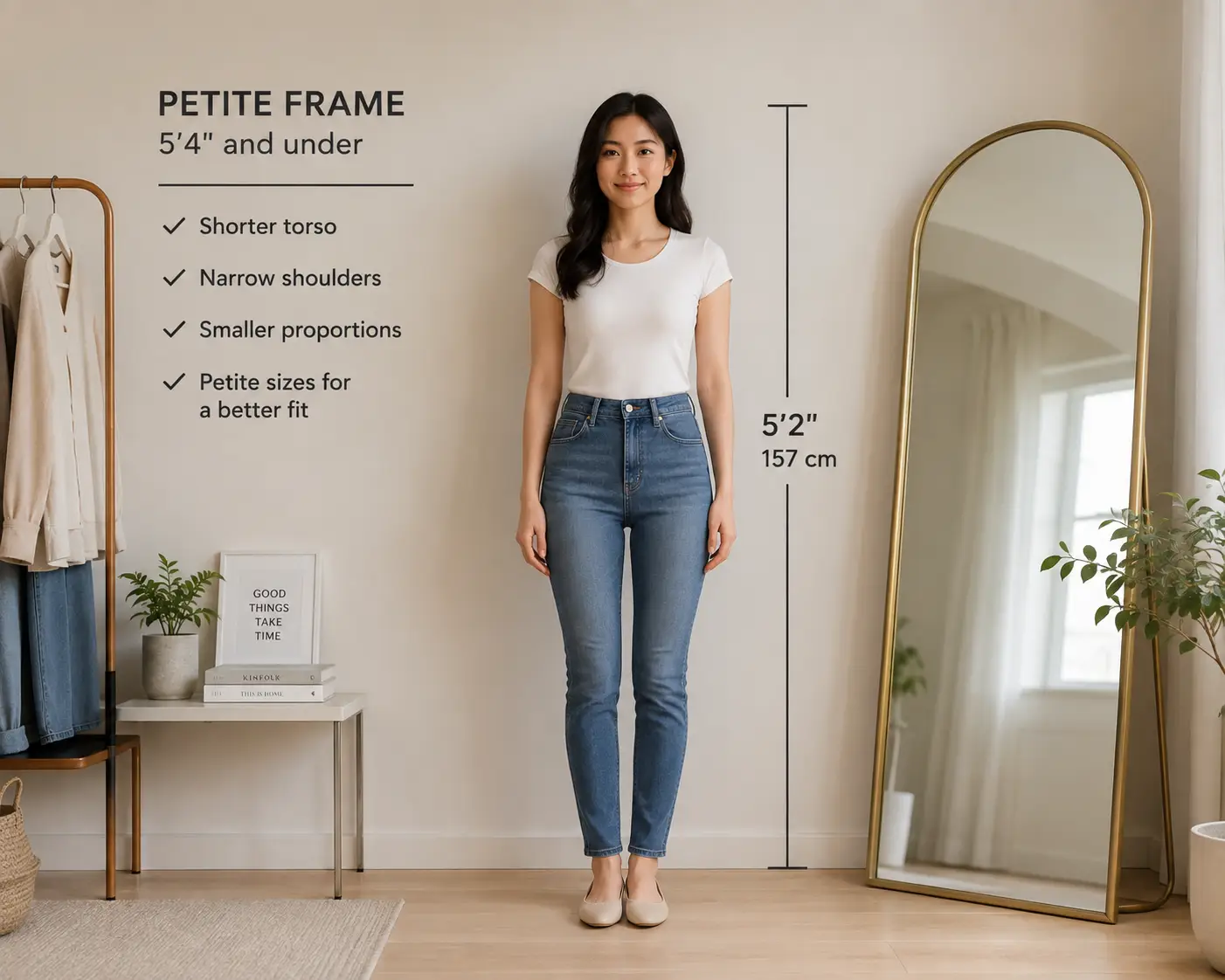 Petite frame woman in a modern studio showing proportions and clothing fit