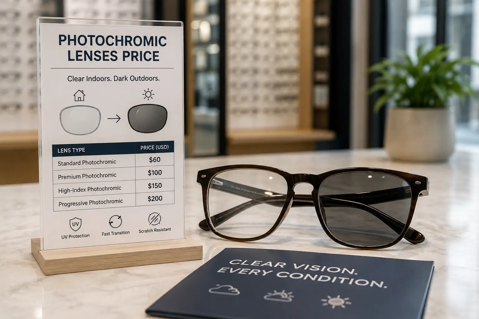 Photochromic lenses price display beside glasses showing clear indoor and dark outdoor lenses
