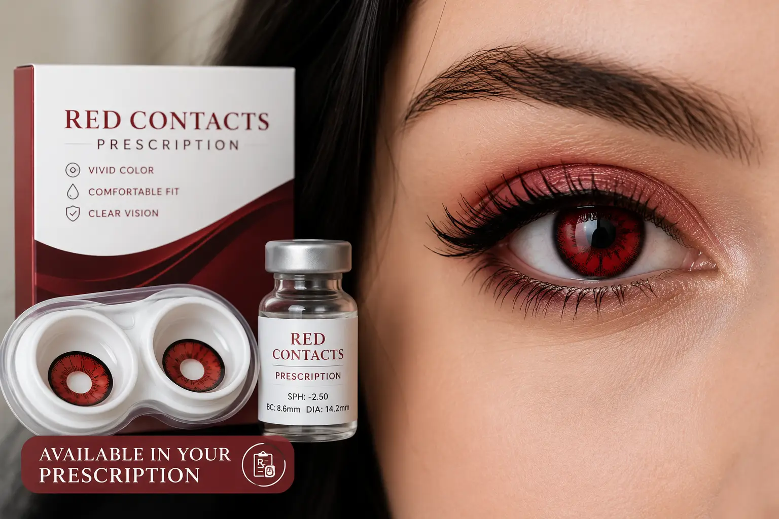 Red contacts prescription lenses shown in a case beside an eye wearing a vivid red contact lens