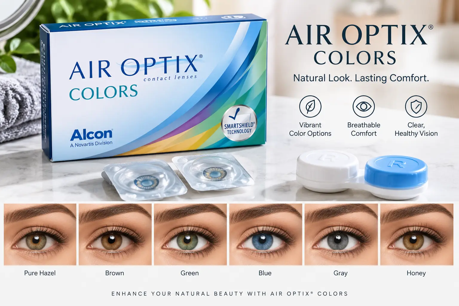 AIR OPTIX COLORS contact lenses shown in blue, green, gray, brown, hazel, and honey color options