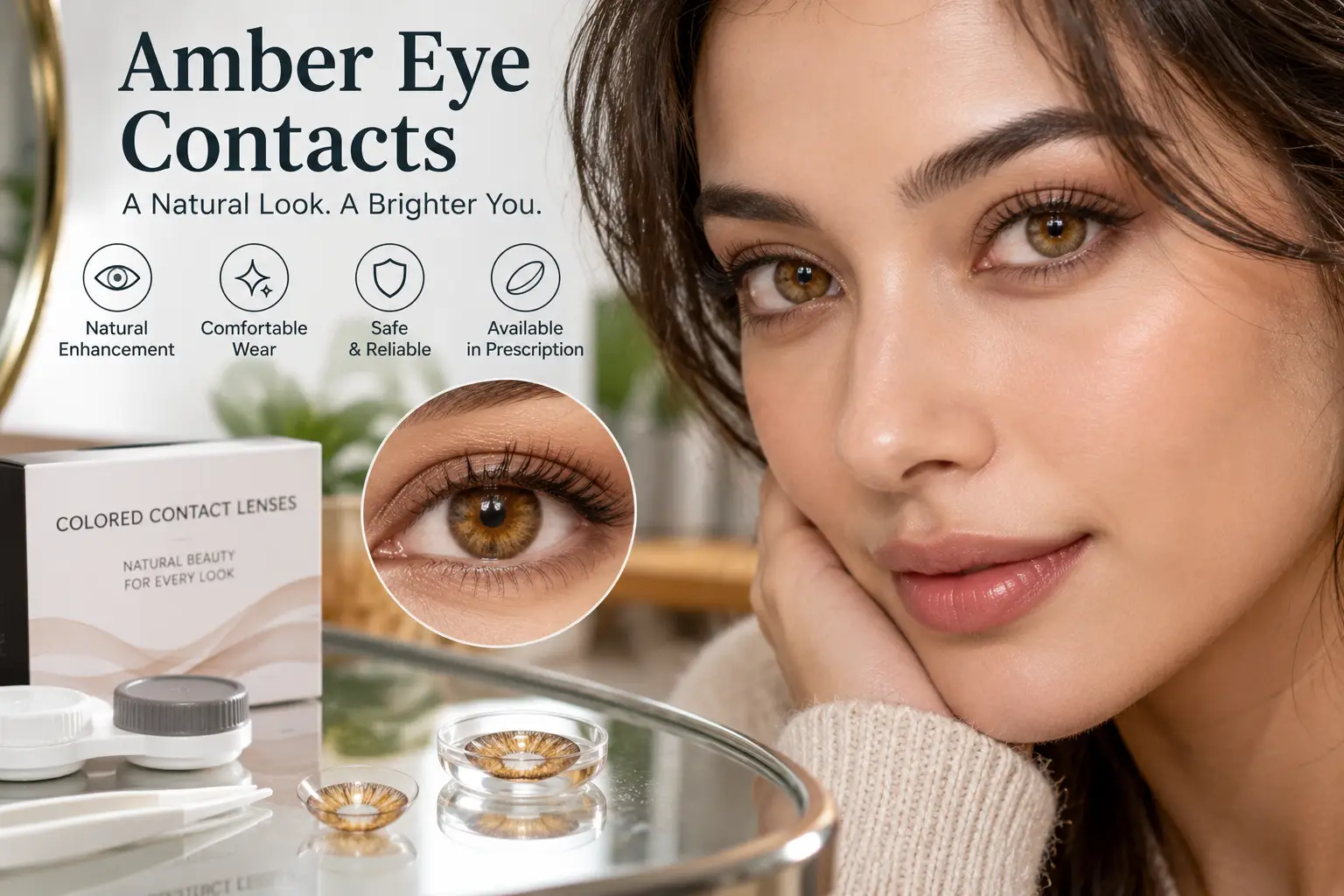 Amber eye contacts creating a natural golden-brown eye color with a detailed close-up view