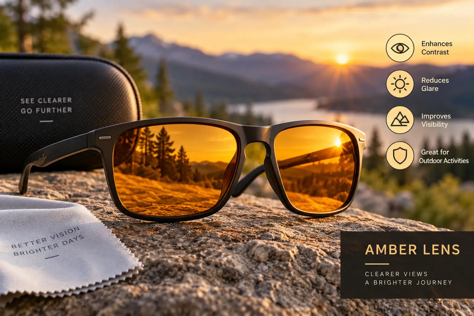 Amber lens sunglasses with warm tinted lenses reflecting a mountain landscape at sunset