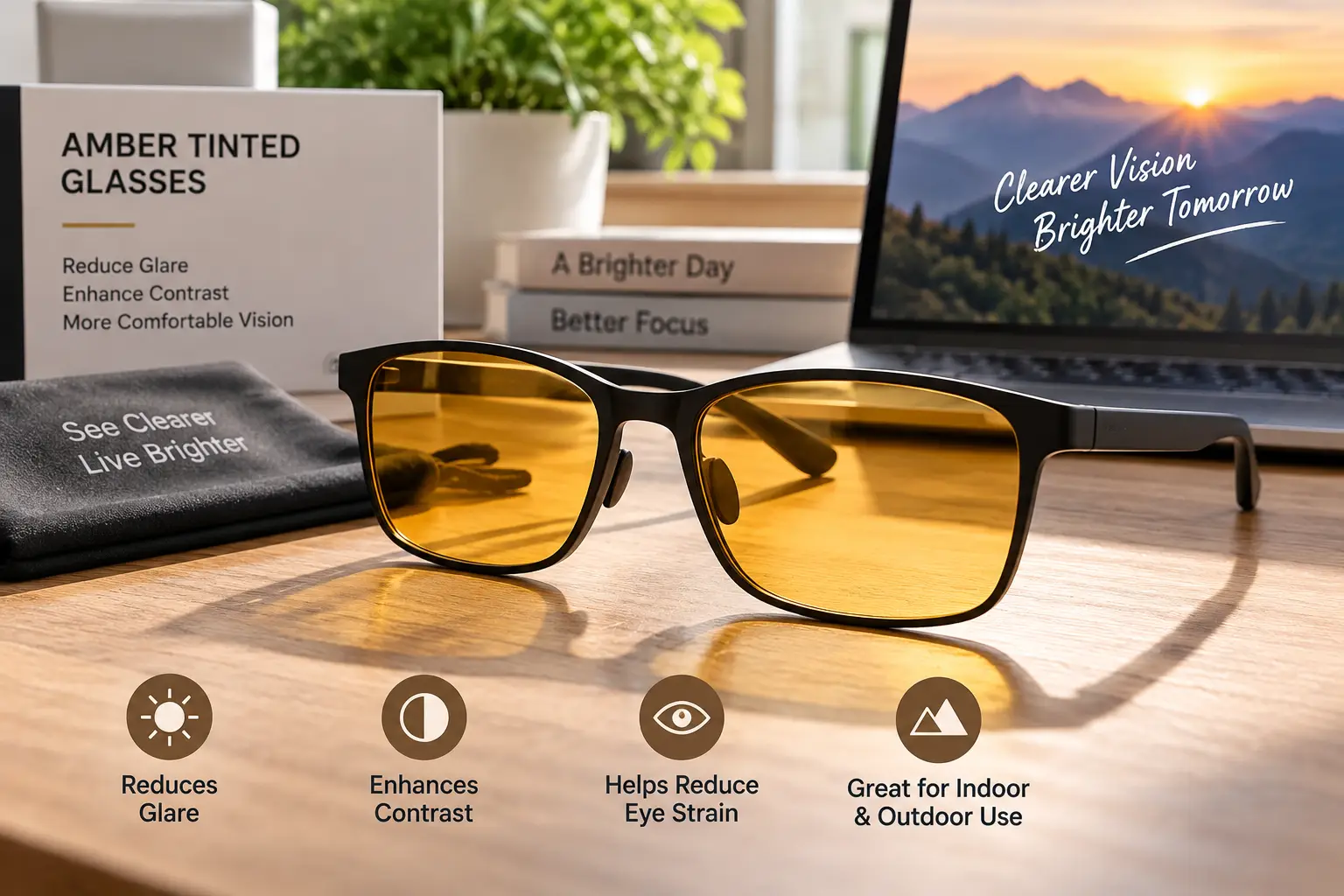Amber tinted glasses with warm amber lenses displayed on a sunlit desk for everyday wear