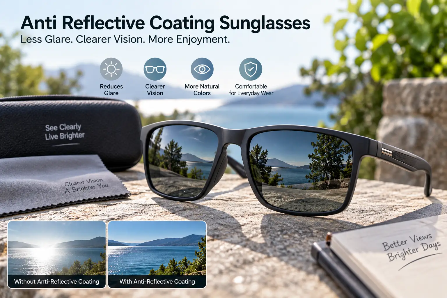 Anti reflective coating sunglasses reducing glare and providing clearer vision in bright outdoor conditions