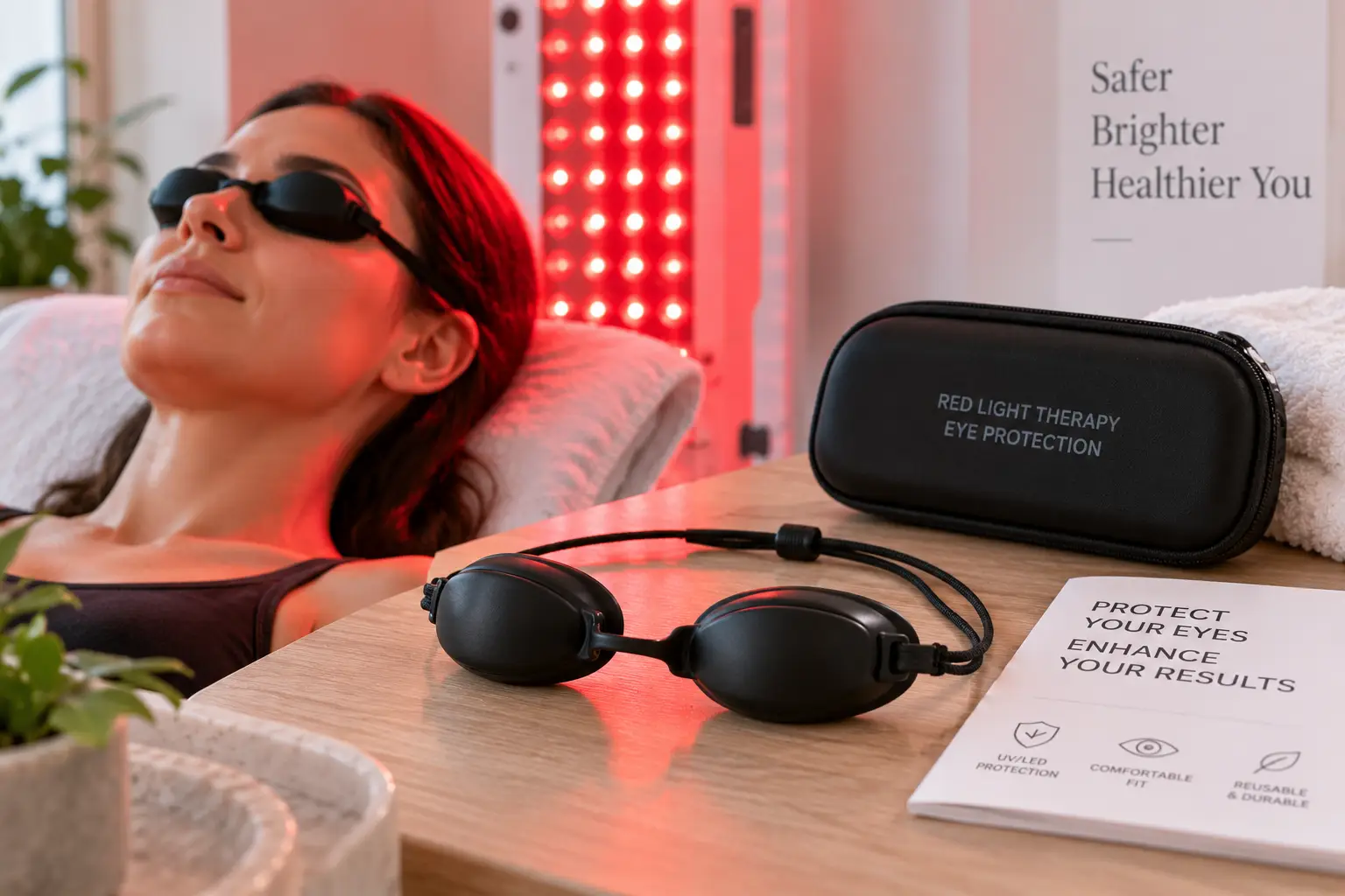 Protective goggles worn during red light therapy with a second pair and storage case nearby