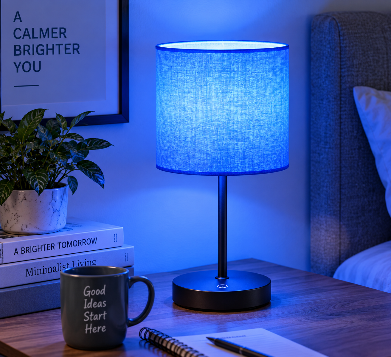 Blue LED lamp glowing on a modern bedside table with books, a plant, and a notebook