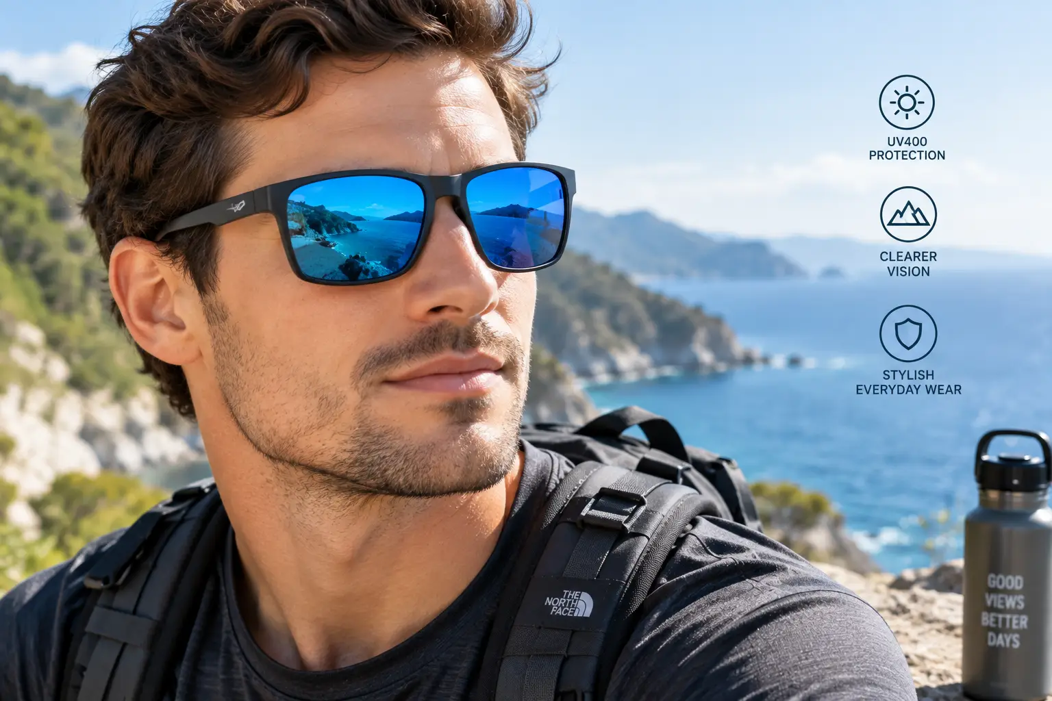 Men's blue lens sunglasses with mirrored lenses worn outdoors in bright sunlight