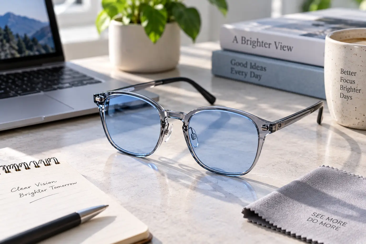 Blue tinted spectacles with clear frames displayed in natural light on a modern desk