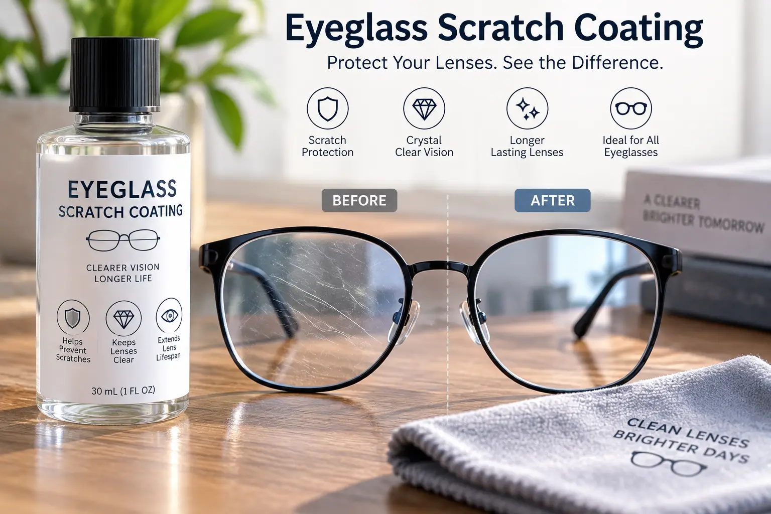 Eyeglass scratch coating shown with scratched and clear lenses in a before and after comparison