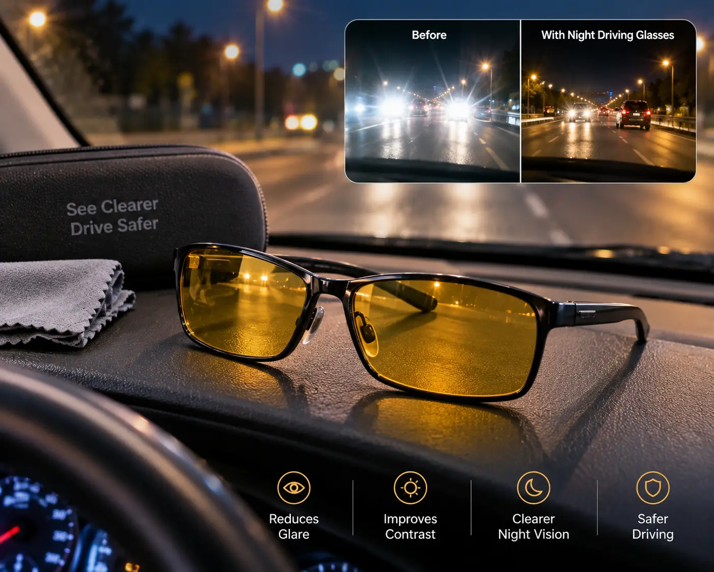 Glasses to help with night driving shown on a car dashboard with amber tinted lenses and nighttime road lights