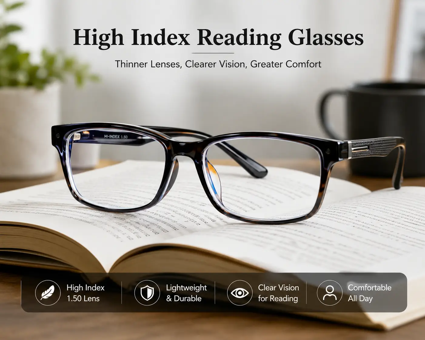 High index reading glasses with thin, lightweight lenses resting on an open book for comfortable reading.