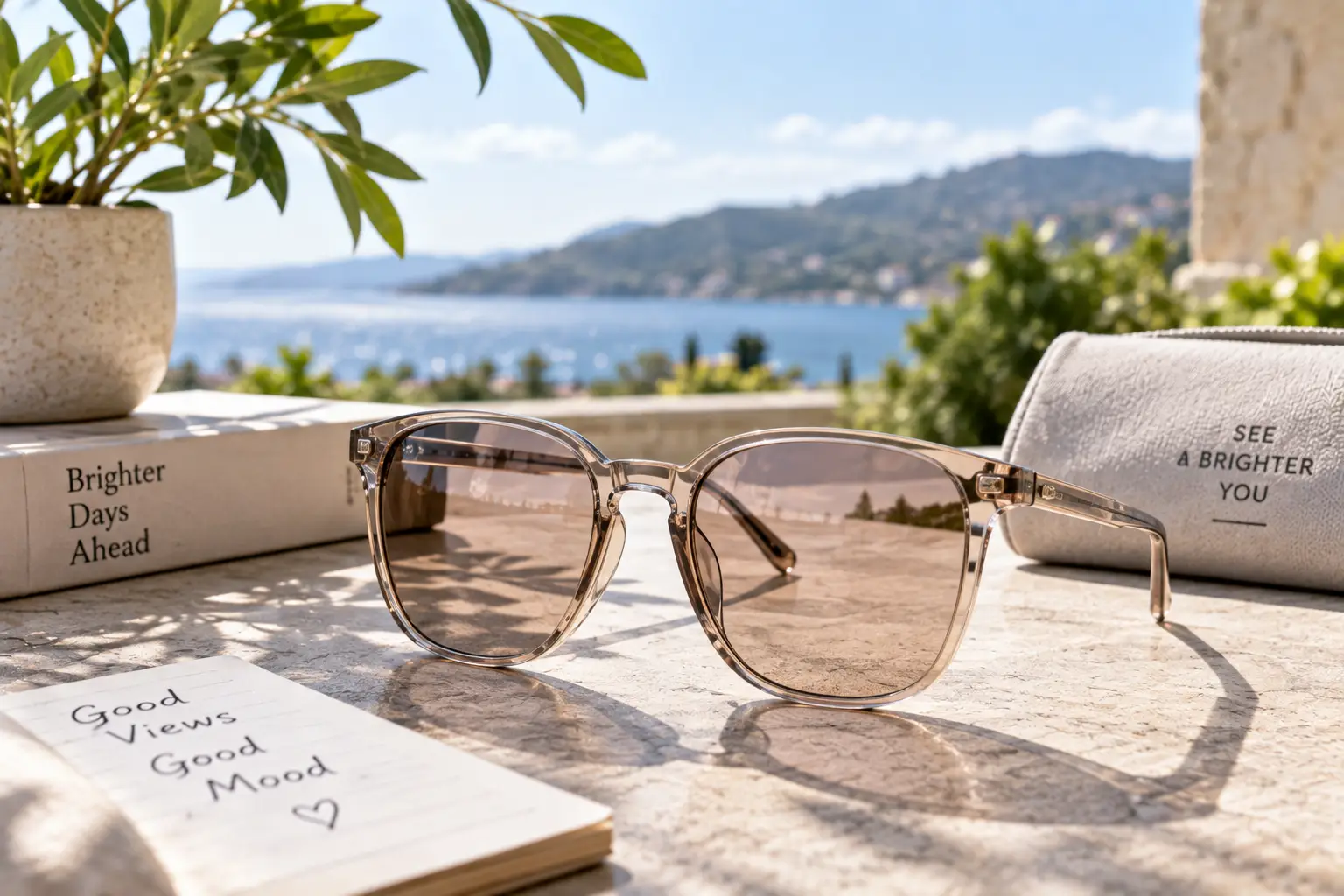 Light tint shades with subtly tinted lenses resting on a sunny outdoor table overlooking a scenic lake