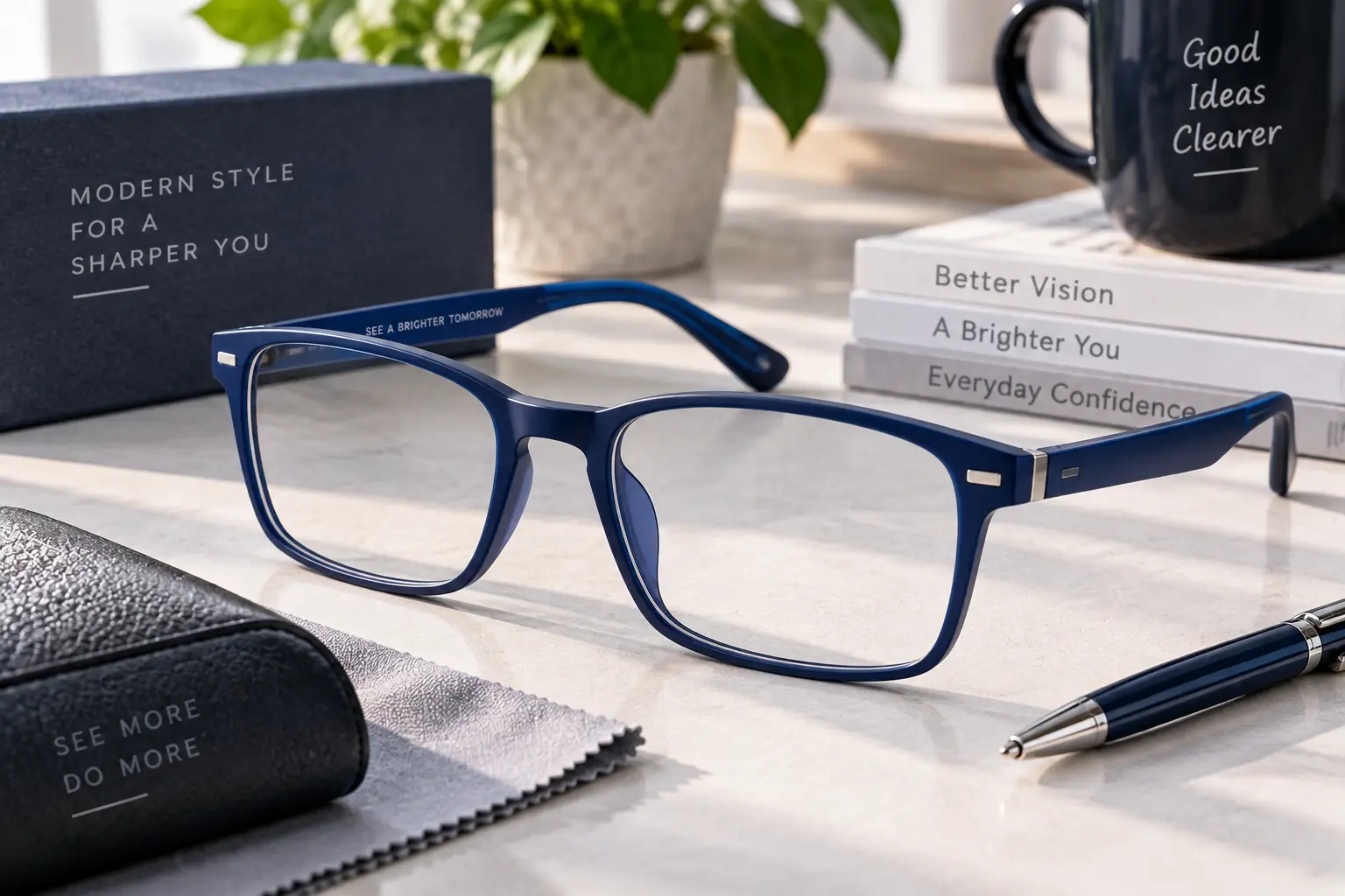 Mens blue eyeglass frames with clear lenses displayed on a modern desk in natural light