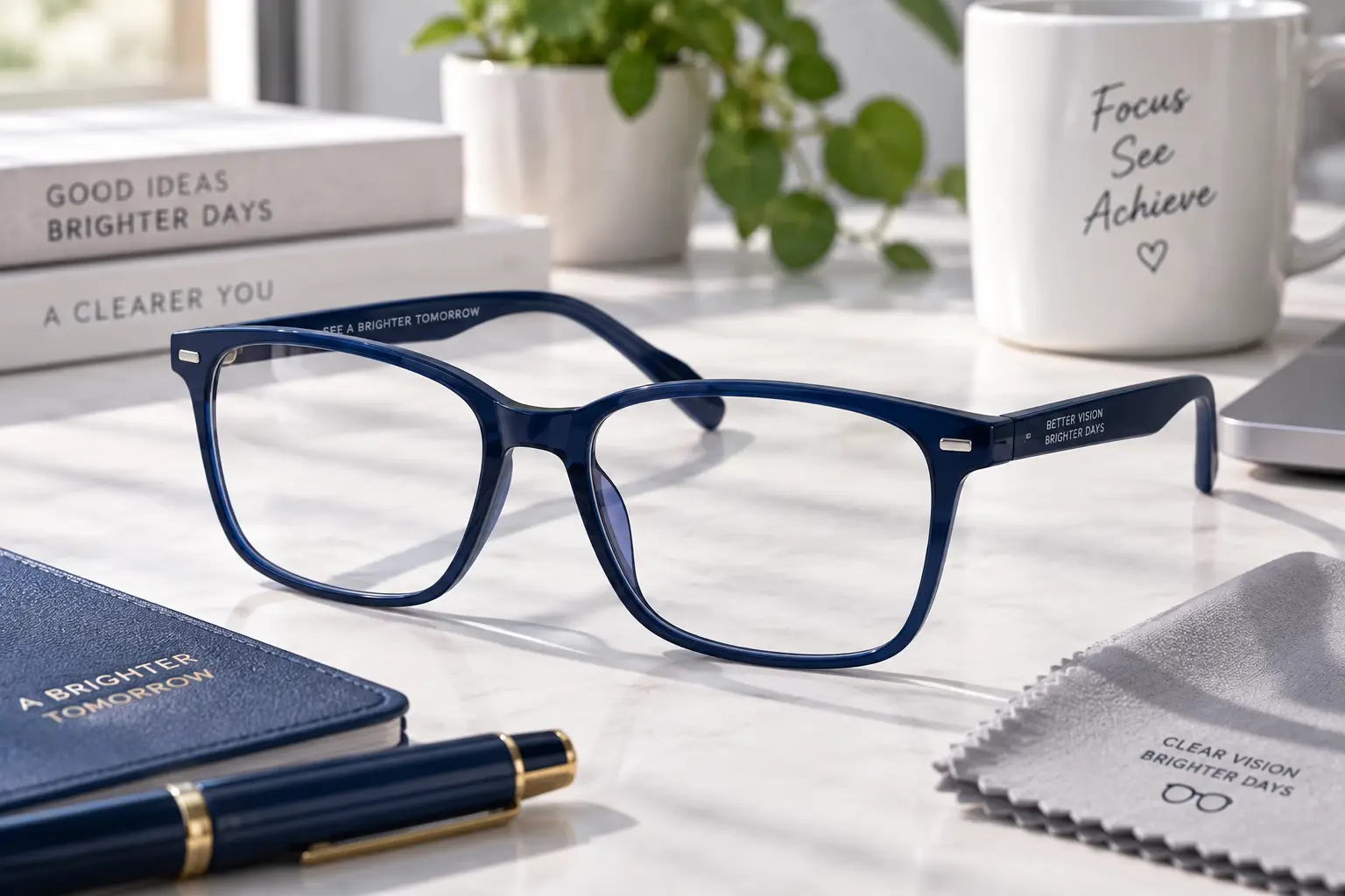 Navy blue glasses with clear lenses displayed on a modern desk with a cleaning cloth and accessories