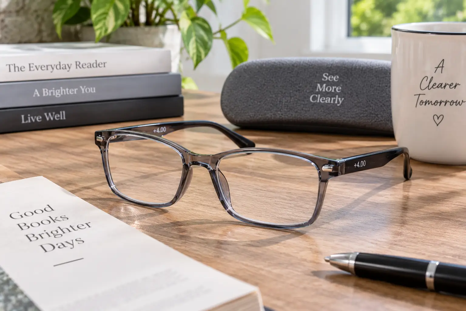 Reading glasses with +4.00 magnification on a wooden desk beside books and a reading case