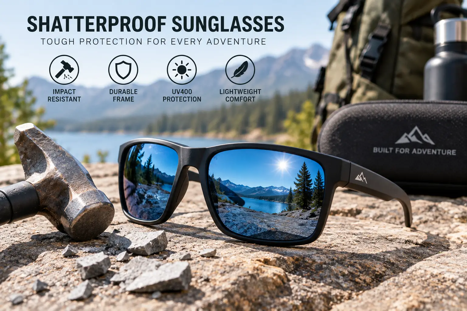 Shatterproof sunglasses with durable frames and UV400 protection on a rocky outdoor surface