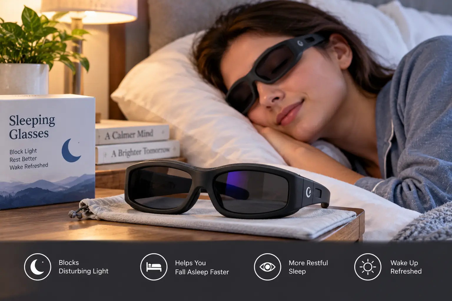 Sleeping glasses worn in bed to block light and create a darker, more restful sleep environment