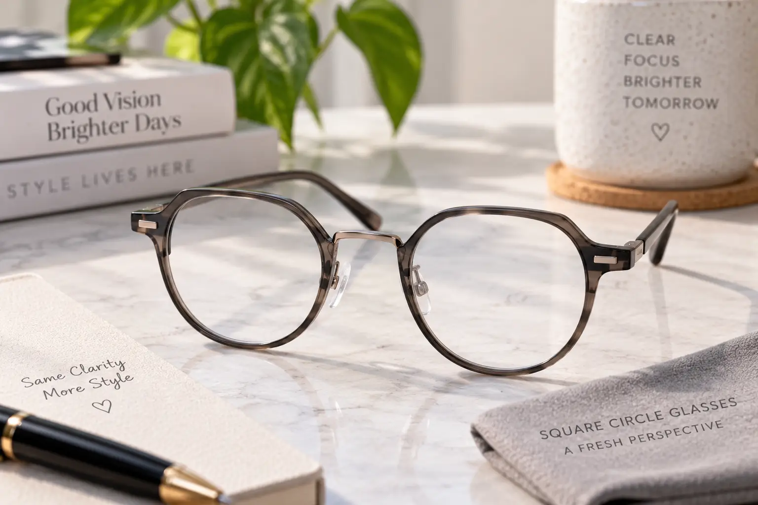 Square circle glasses with rounded lenses and a modern translucent frame on a marble desk