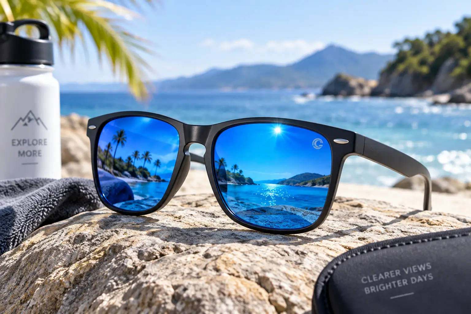 Sunglasses with blue lenses and dark frames resting on a rock by the coast, with bright sunlight and a clear ocean view in the background.