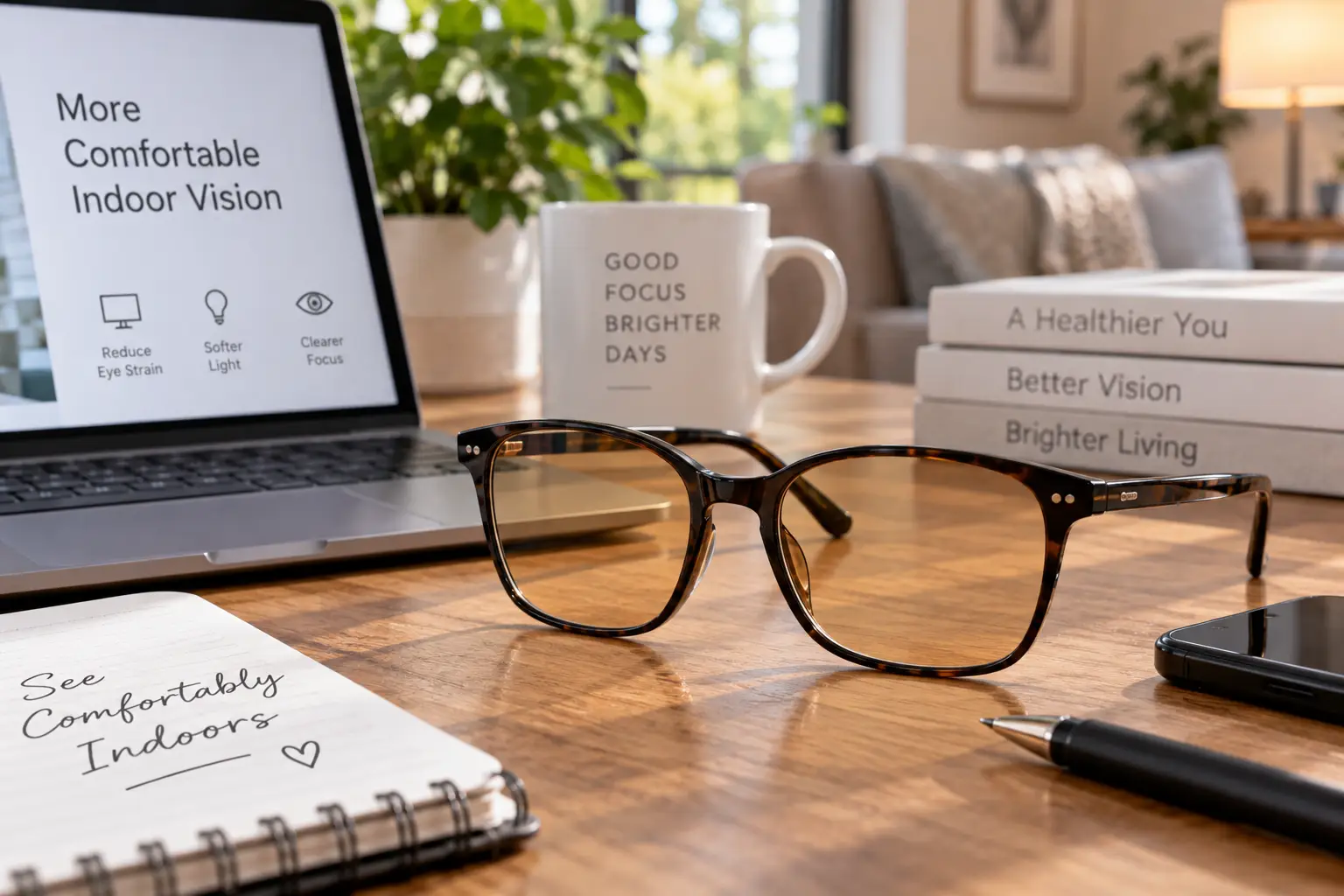 Tinted eyeglasses for indoors resting beside a laptop in a bright home workspace
