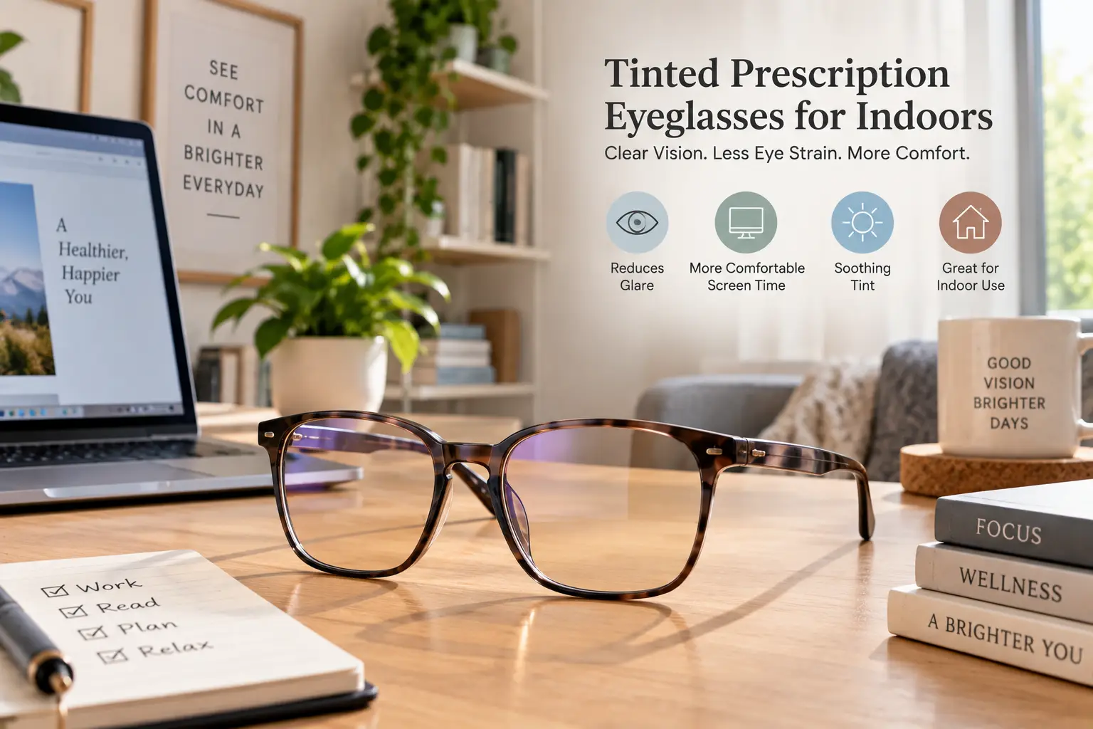 Tinted prescription eyeglasses for indoors on a desk in a bright modern home office