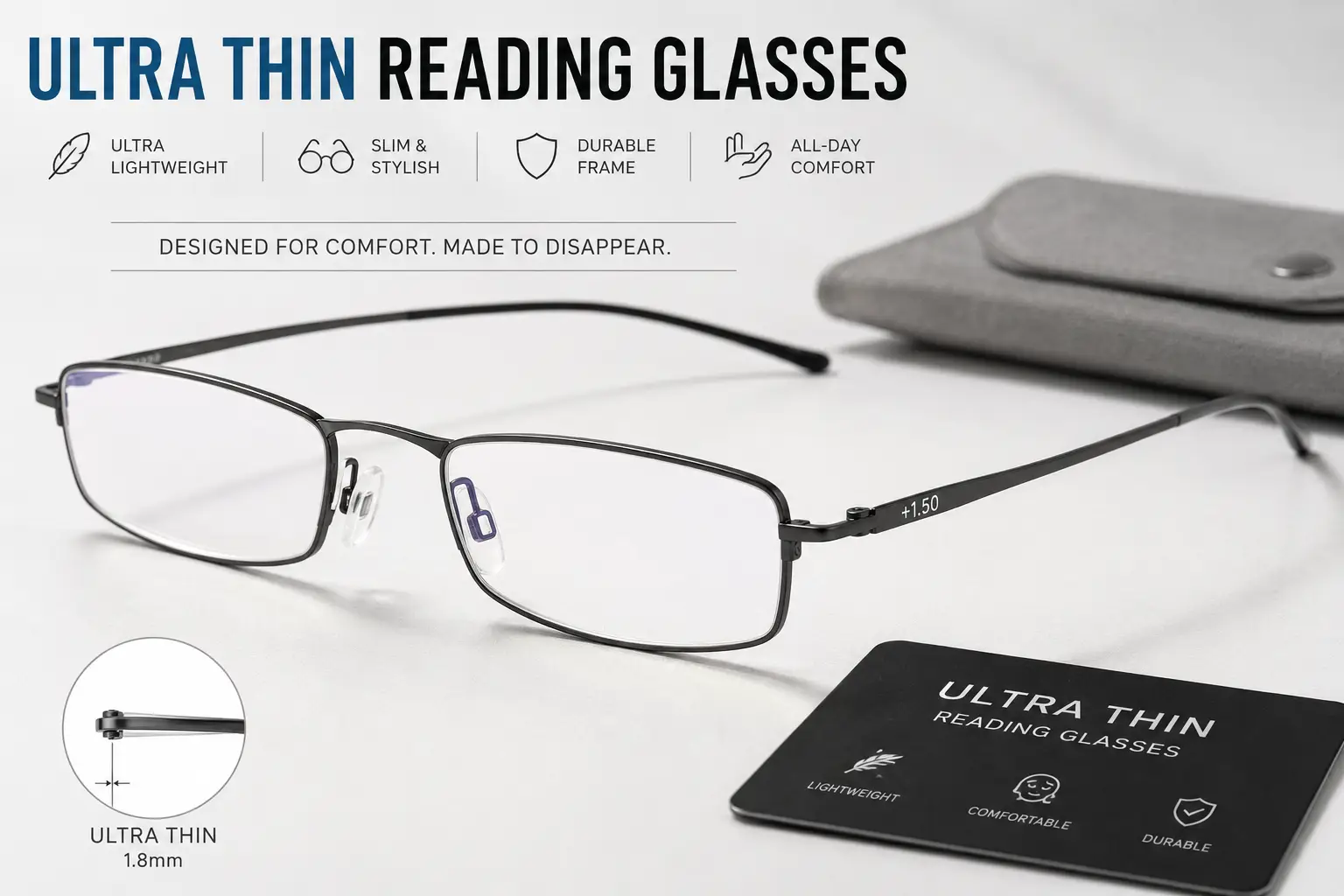 Ultra thin reading glasses with a lightweight frame and sleek design for comfortable reading