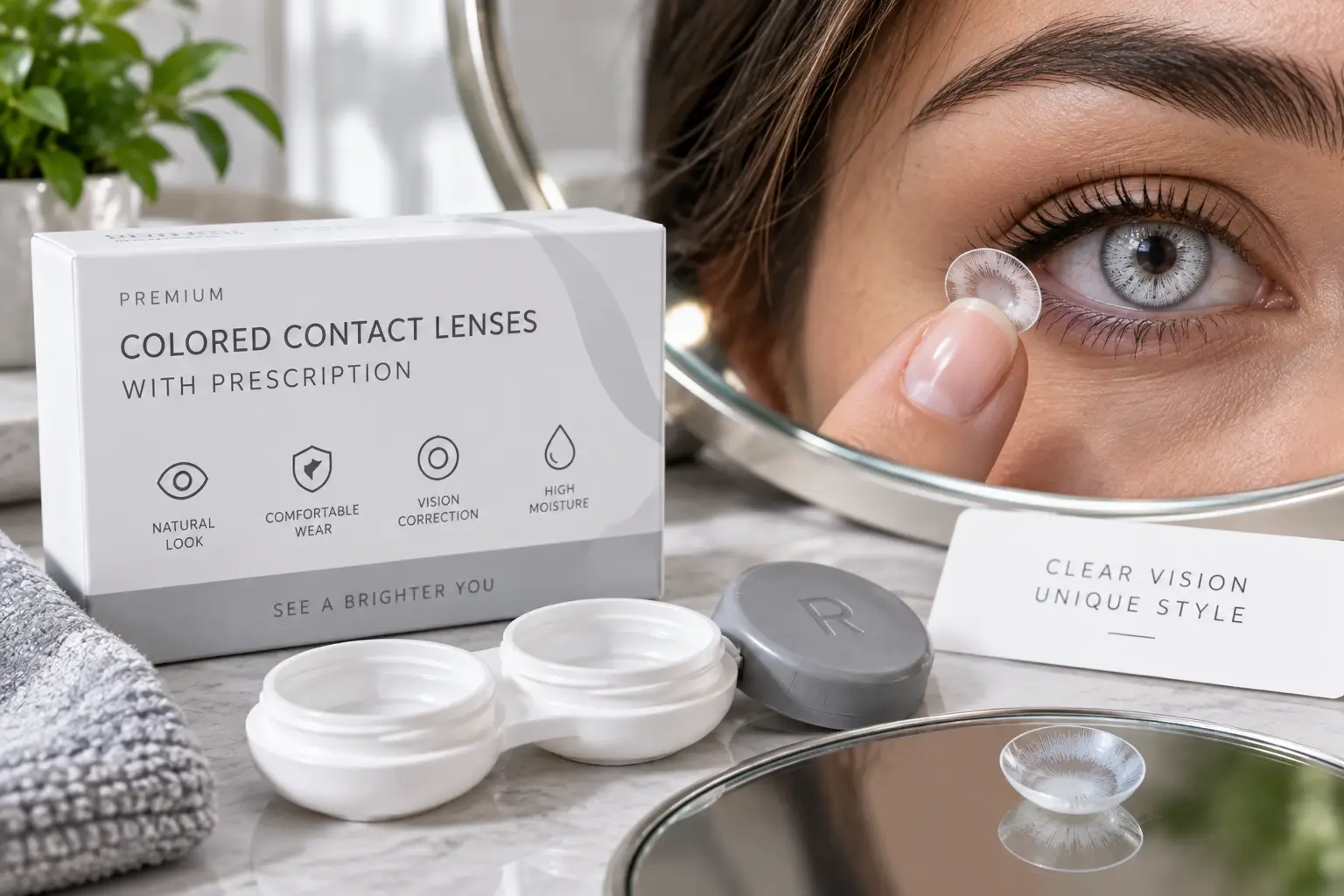 White colored contacts with prescription shown with a contact lens case and close-up eye application